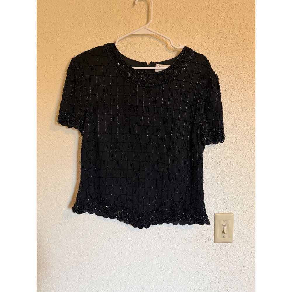 Papell Boutique Evening Black Silk Beaded Sequin Top Size XL Luxury Glam Gatsby